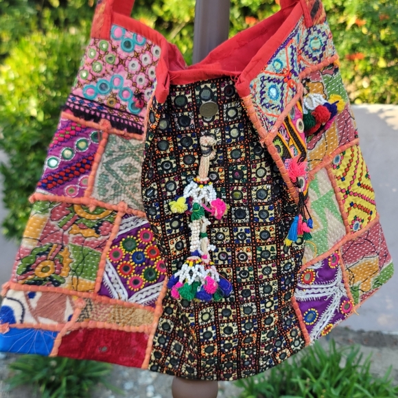 Handmade Handbags - Vtg Handmade Bohemian Patchwork Mirror Work Tassel Embroidered Tote Bag